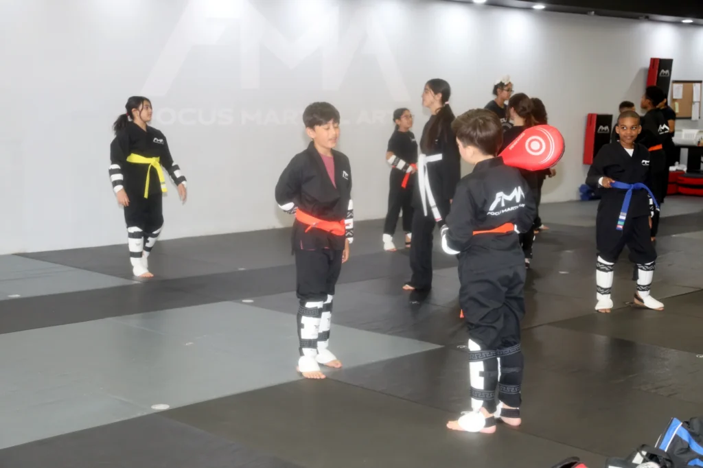 Focus Martial Arts Kids martial arts students in protective gear practicing