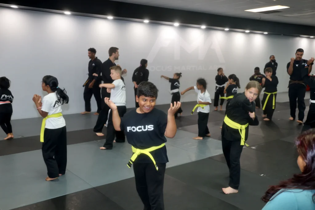 Focus Martial Arts Kids martial arts students practicing stances together